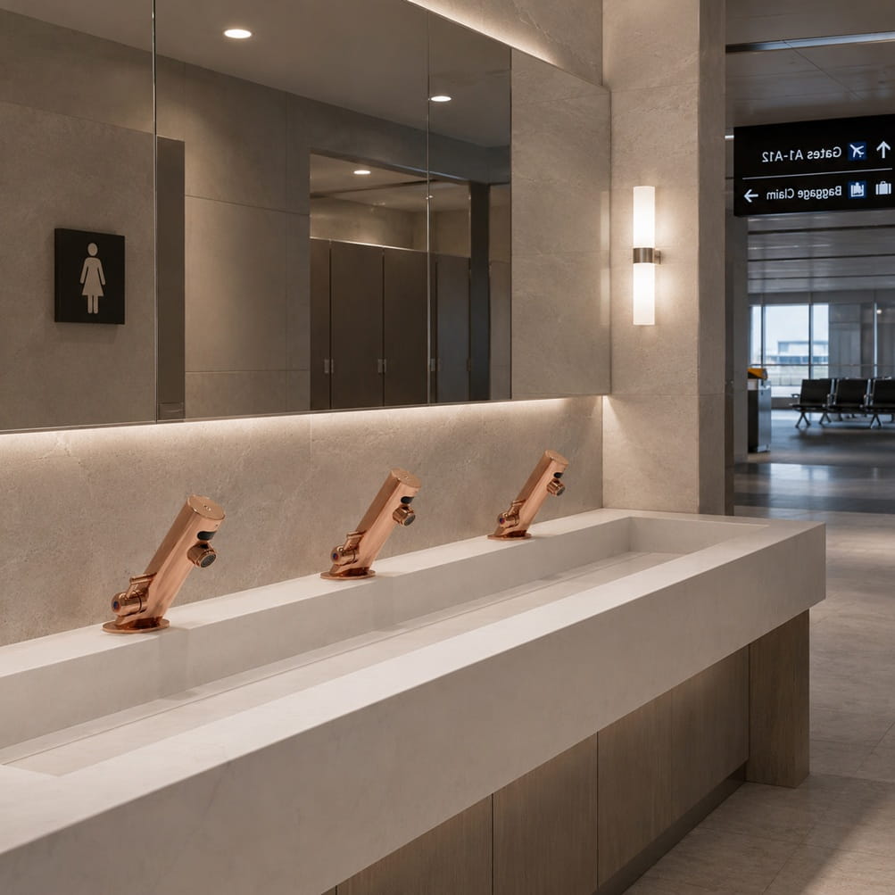Commercial faucet material comparison showing solid brass, zinc alloy, and polymer body construction with strength and serviceability notes
